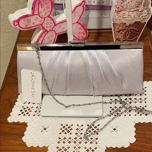 Gunne Sax Silver Satin Pleated Evening Clutch with Chain